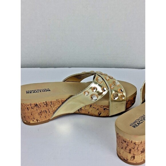 Womens Kenneth Cole Reaction Sandles with Gold Jewels & Cork Wedge 7M 2in Heels. - Picture 4 of 8